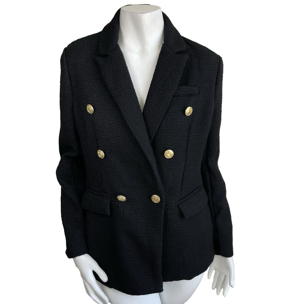 Ellen Tracy Black Tweed Blazer Jacket Gold Buttons S Preppy Office Career